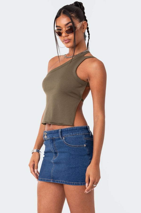 edikted Verdi Open-Back One Shoulder Top olive