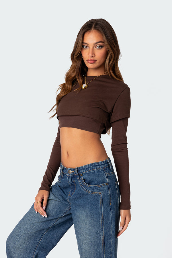 Edikted Vick Layered Cropped T-Shirt Brown