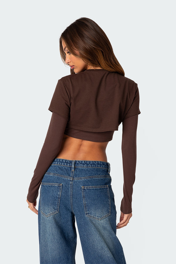 Edikted Vick Layered Cropped T-Shirt Brown