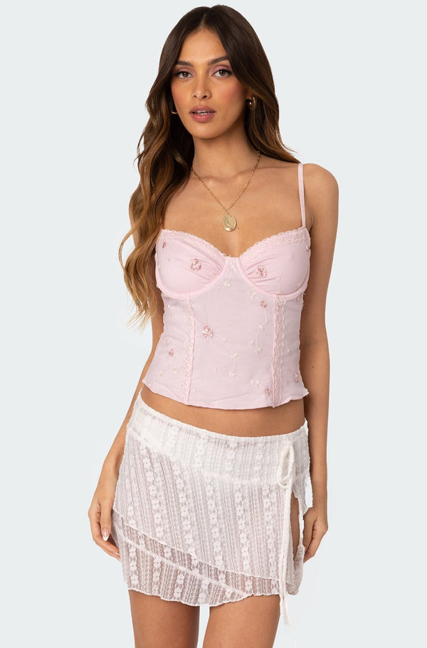 edikted Victoria Embroidered Mesh Bra Top pink