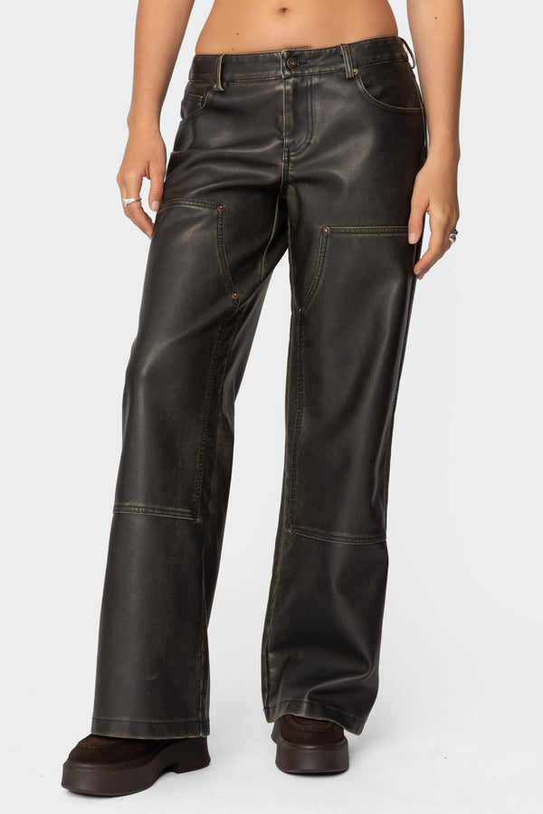Edikted Vintage Washed Faux Leather Pants Black