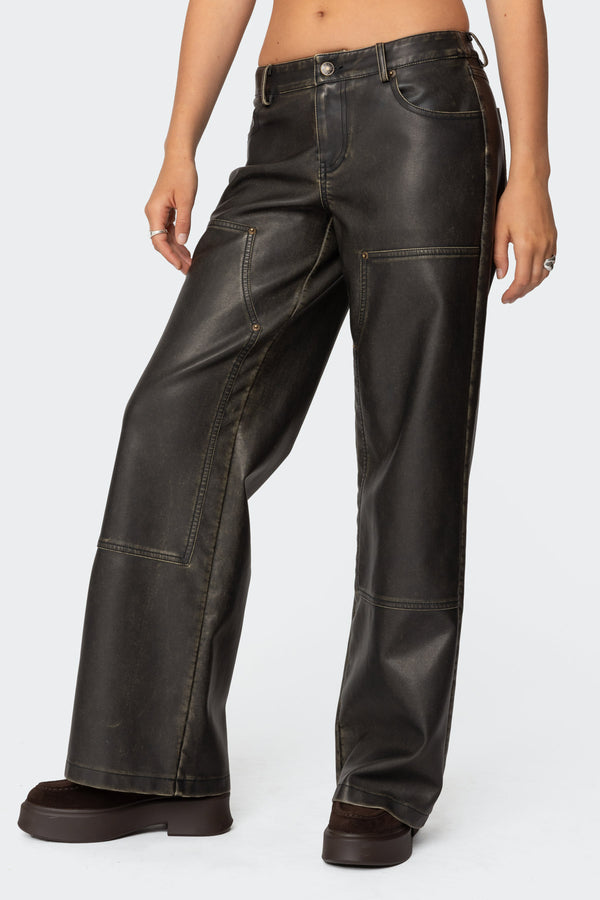 Edikted Vintage Washed Faux Leather Pants Black