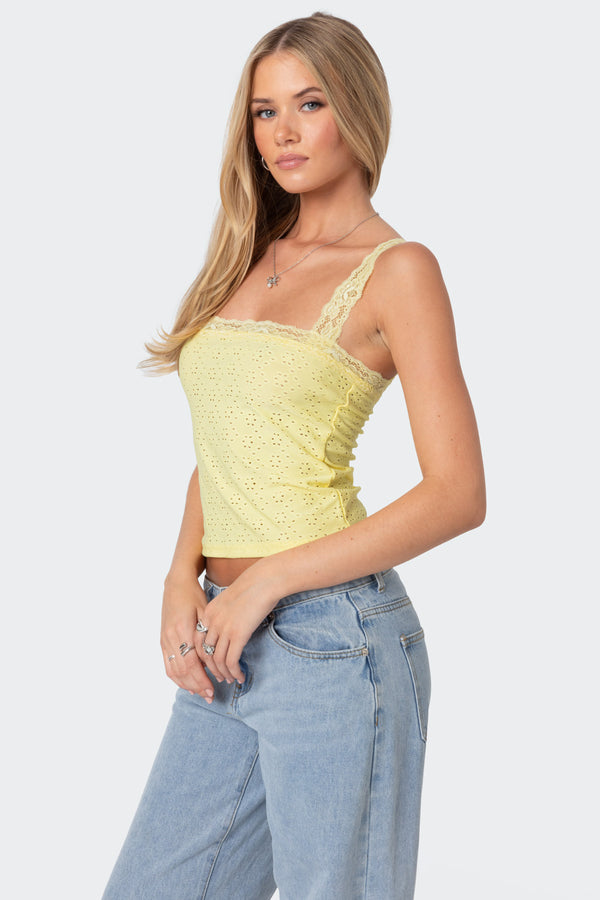 Edikted Virginia Lace Trim Eyelet Tank Top Yellow