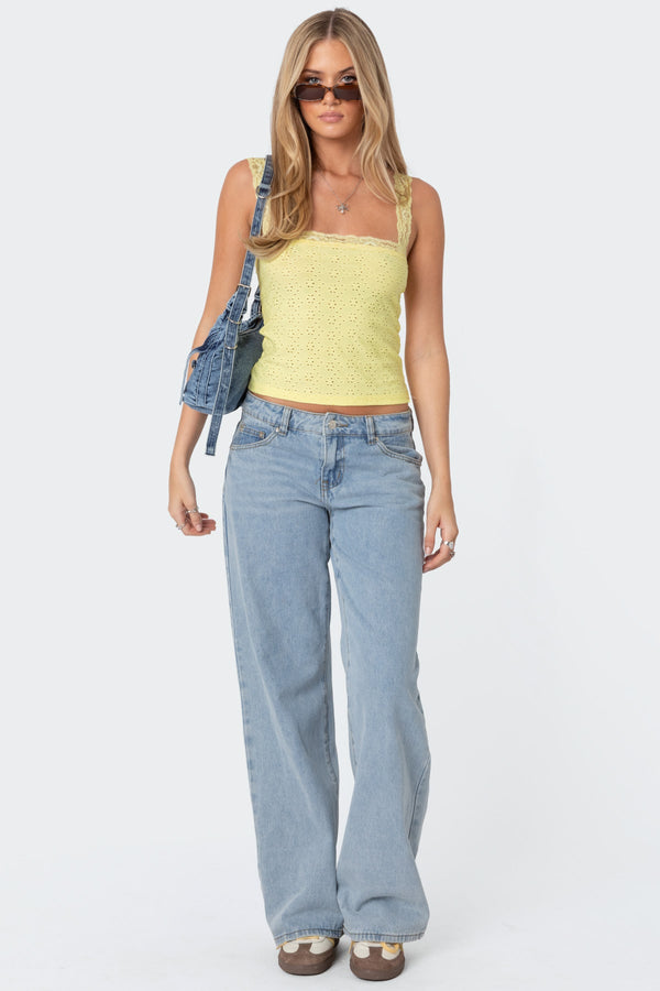 Edikted Virginia Lace Trim Eyelet Tank Top Yellow