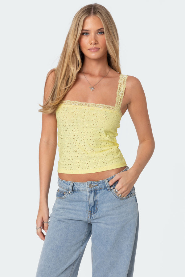 edikted Virginia Lace Trim Eyelet Tank Top yellow