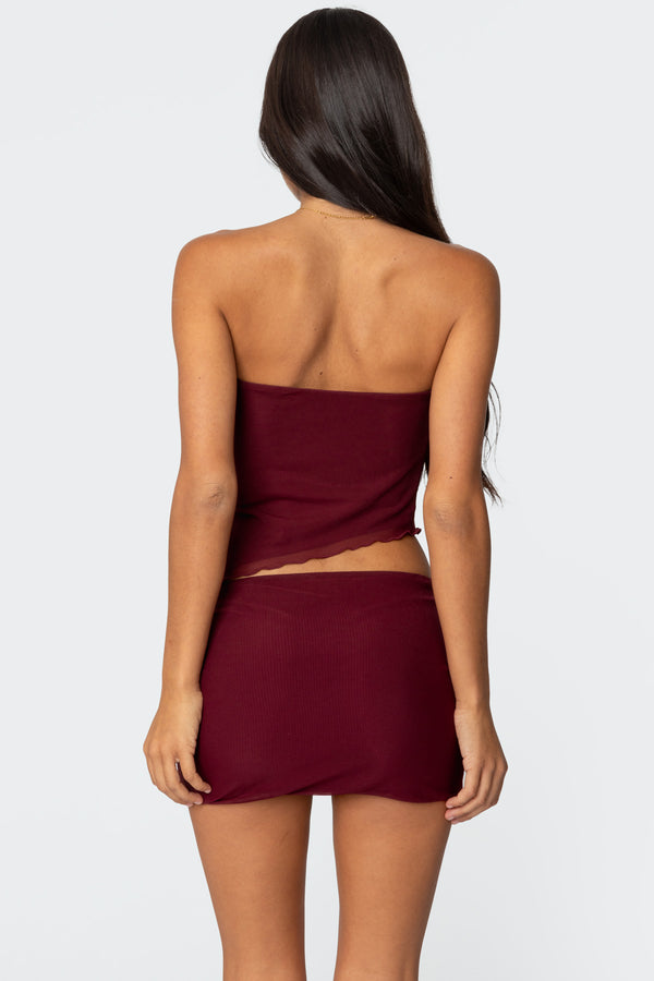 Edikted Vivi Mesh Asymmetric Tube Top Burgundy
