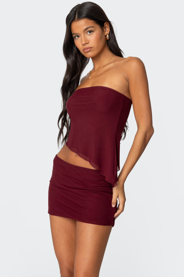 Edikted Vivi Mesh Asymmetric Tube Top Burgundy