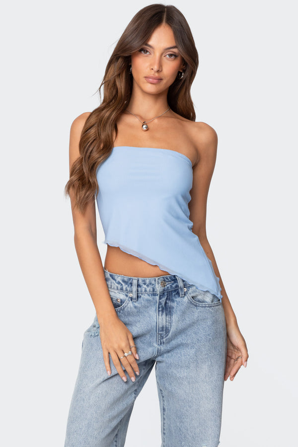 edikted Vivi Mesh Asymmetric Tube Top light blue
