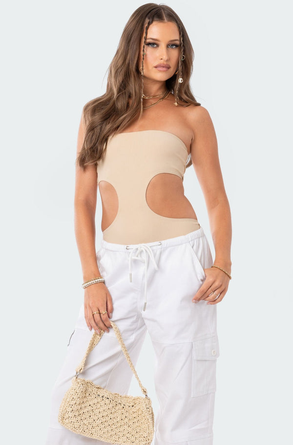 Edikted Vivie Ribbed Cut-Out Bodysuit Beige