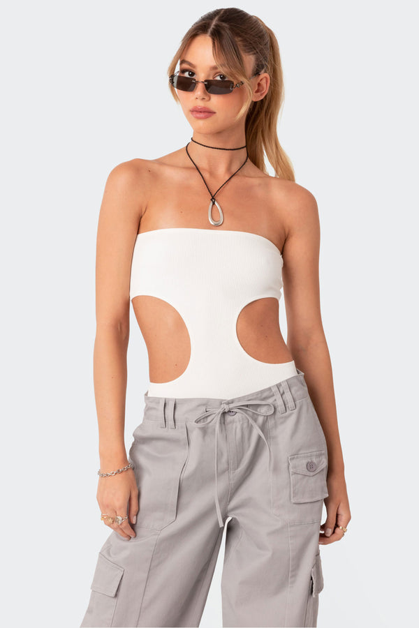 edikted Vivie Ribbed Cut-Out Bodysuit white