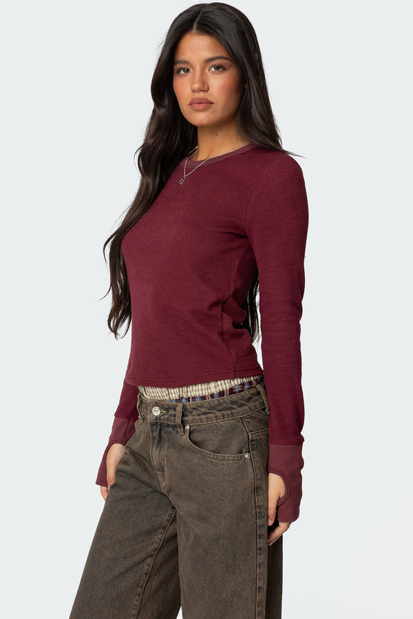 Edikted Waffle Long Sleeve T Shirt Burgundy