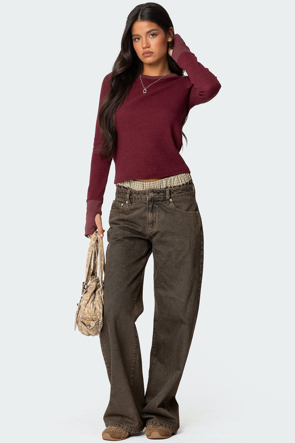 Edikted Waffle Long Sleeve T Shirt Burgundy