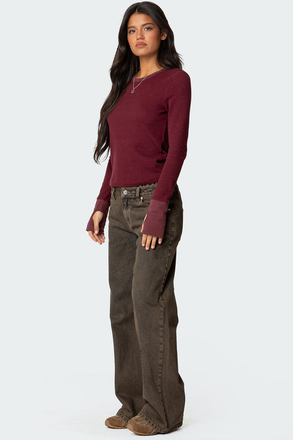 Edikted Waffle Long Sleeve T Shirt Burgundy