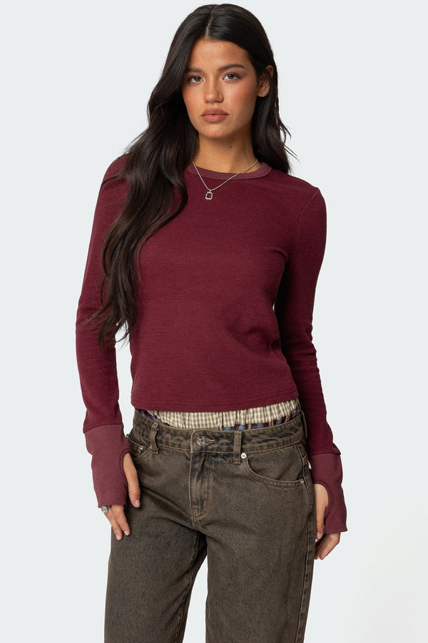 edikted Waffle Long Sleeve T Shirt burgundy