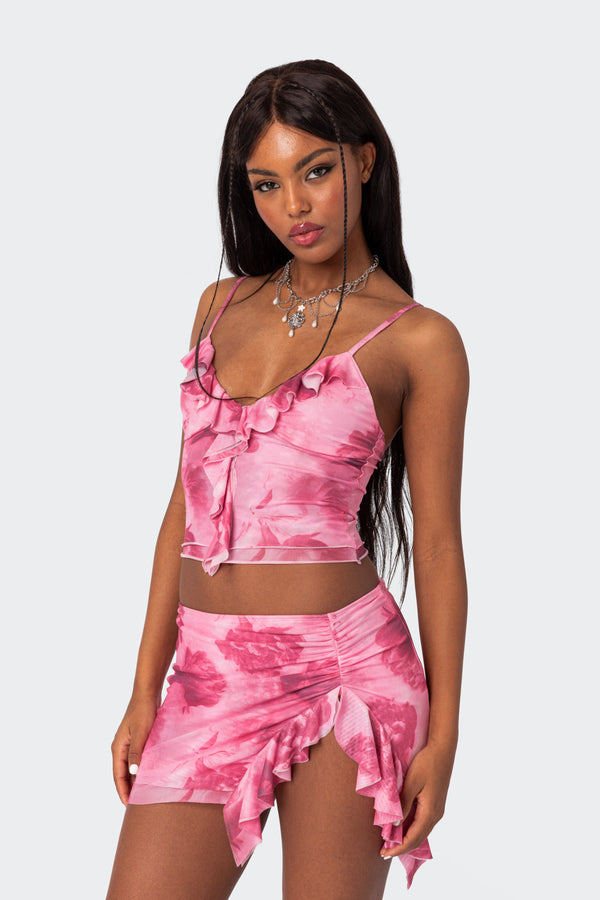 Edikted Wanda Printed Mesh Ruffled Tank Top Pink