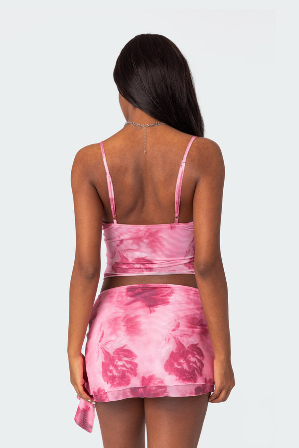 Edikted Wanda Printed Mesh Ruffled Tank Top Pink