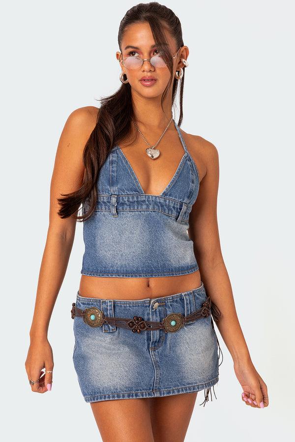 edikted Wanona Denim Halter Top blue