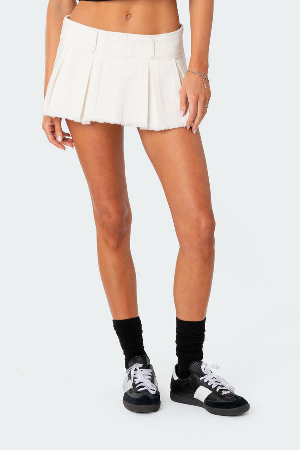 Edikted Washed Denim Pleated Micro Skort White