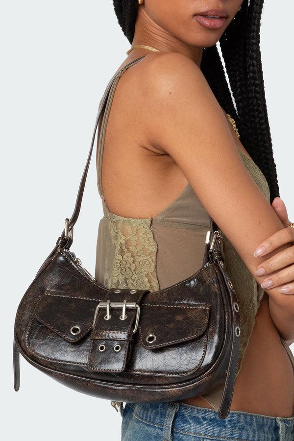 edikted Washed Faux Leather Buckle Bag brown
