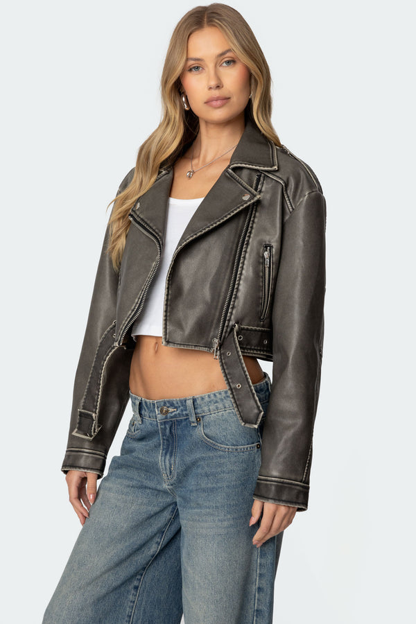 Edikted Washed Faux Leather Jacket Gray Washed