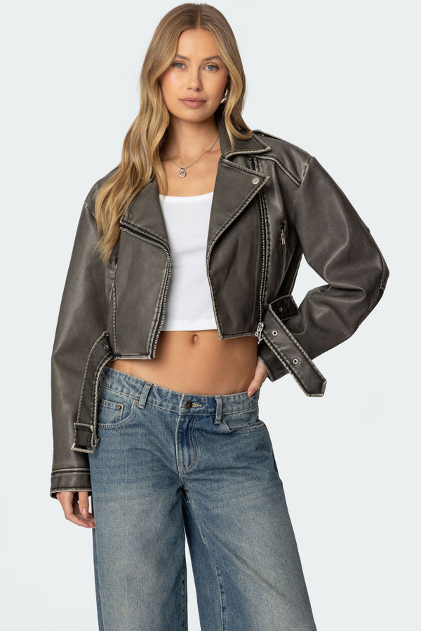 edikted Washed Faux Leather Jacket gray washed