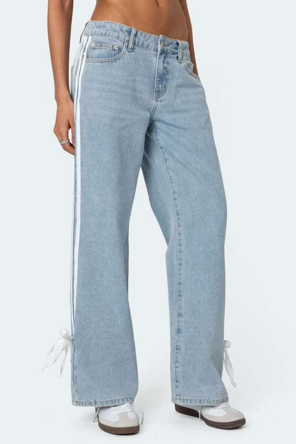 Edikted Washed Low Rise Ribbon Jeans Light Blue