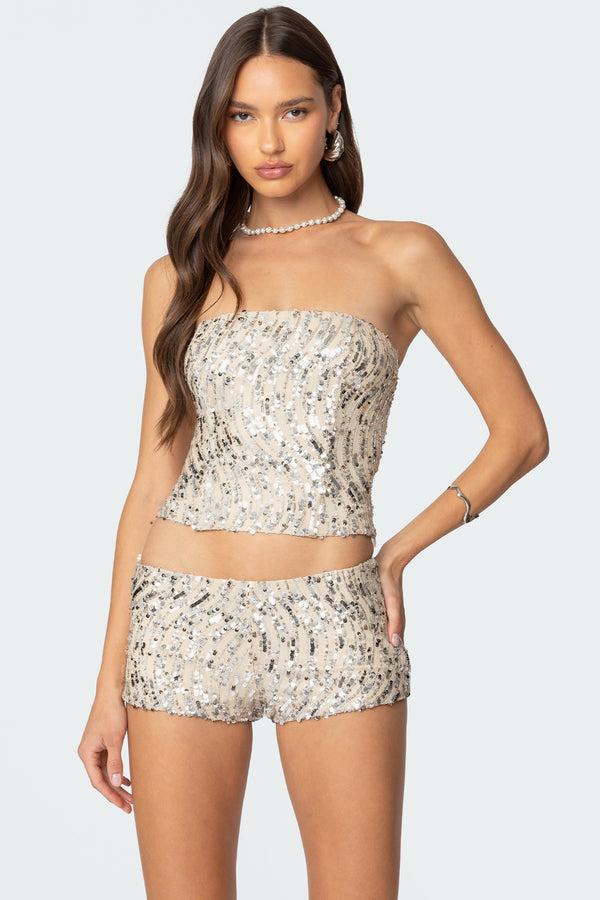 Edikted Wavy Baby Sequin Corset Silver