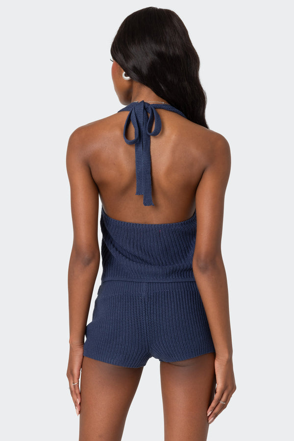 Edikted Weekender Belted Knit Halter Top Navy
