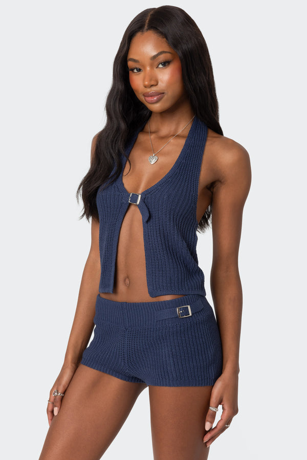 Edikted Weekender Belted Knit Halter Top Navy