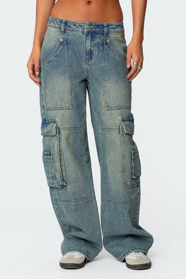 Edikted Westie Low Rise Washed Cargo Jeans Blue