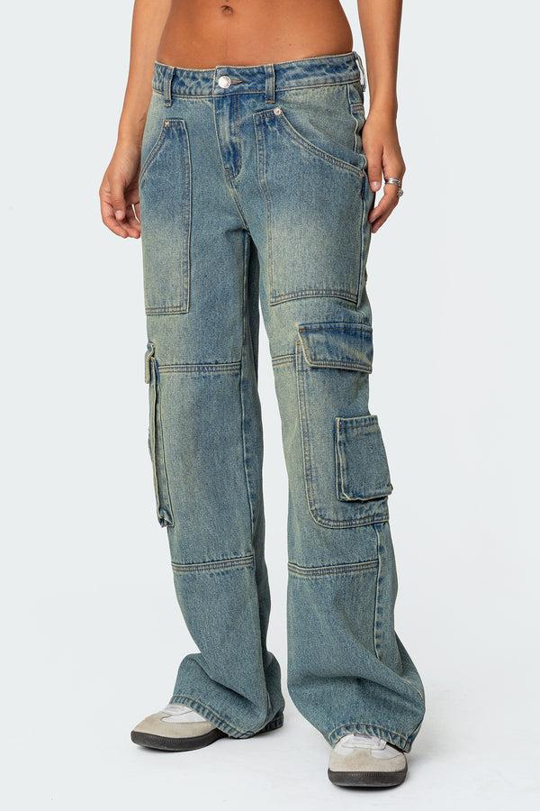 Edikted Westie Low Rise Washed Cargo Jeans Blue