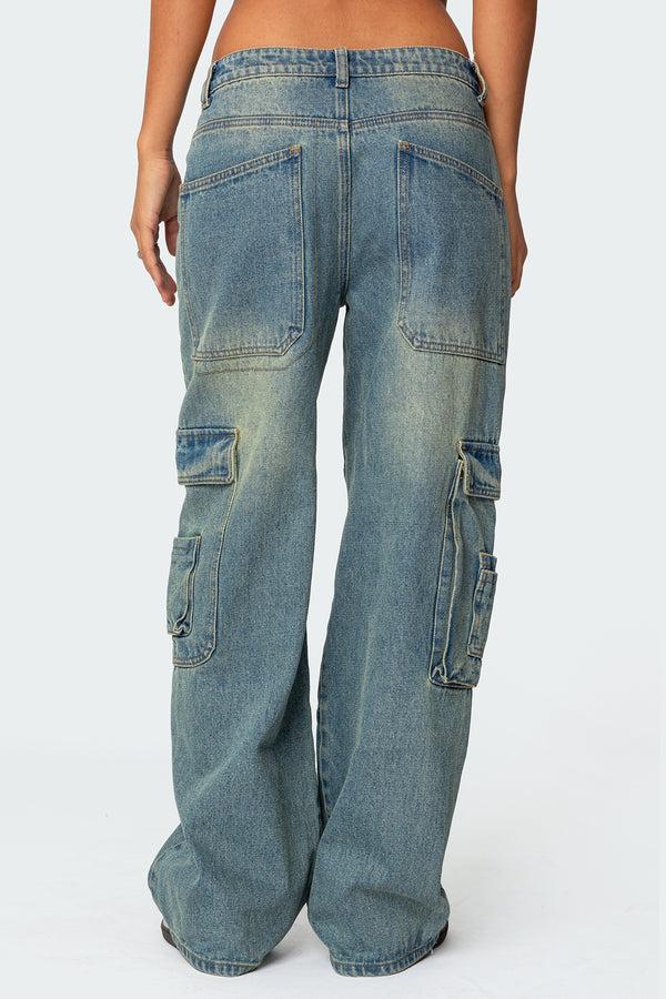 Edikted Westie Low Rise Washed Cargo Jeans Blue