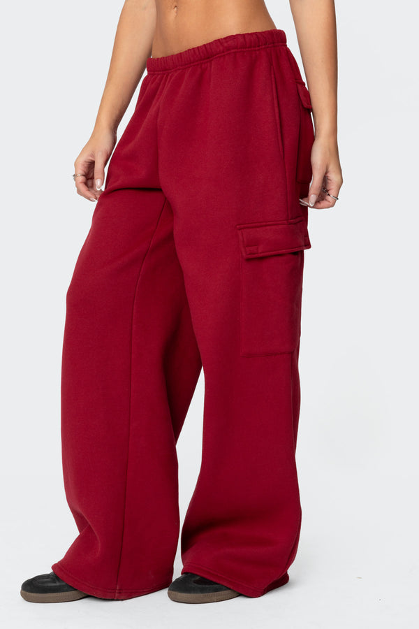 Edikted Wide Leg Cargo Sweatpants Burgundy