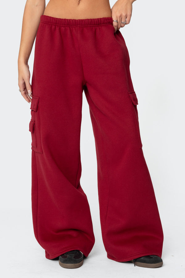 Edikted Wide Leg Cargo Sweatpants Burgundy