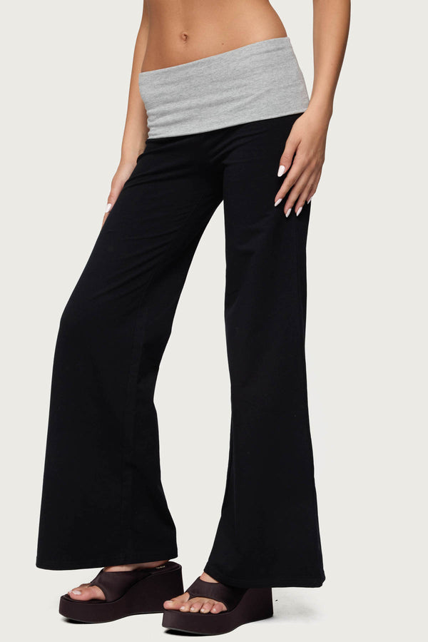 Edikted Wide Leg Contrast Fold Over Pants Black