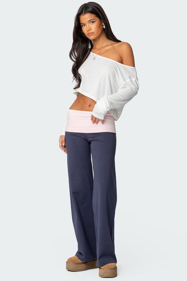 Edikted Wide Leg Contrast Fold Over Pants Navy