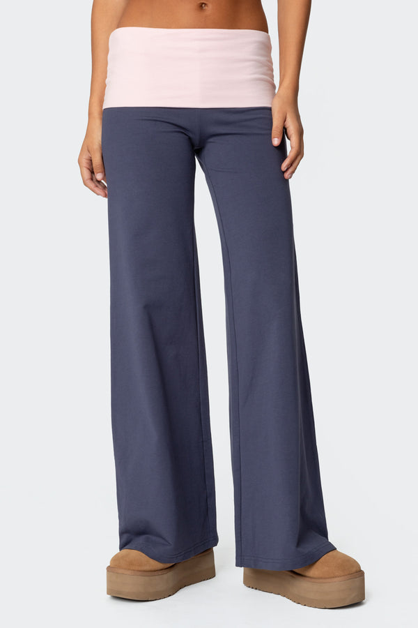 Edikted Wide Leg Contrast Fold Over Pants Navy