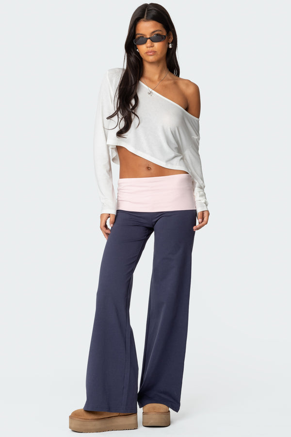 edikted Wide Leg Contrast Fold Over Pants navy