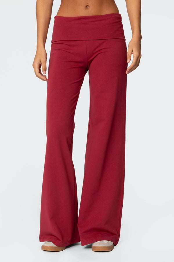 Edikted Wide Leg Fold Over Pants Burgundy