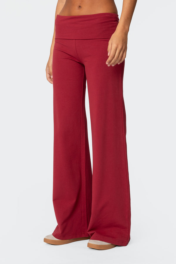 Edikted Wide Leg Fold Over Pants Burgundy