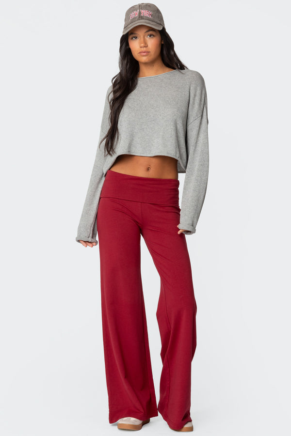 edikted Wide Leg Fold Over Pants burgundy