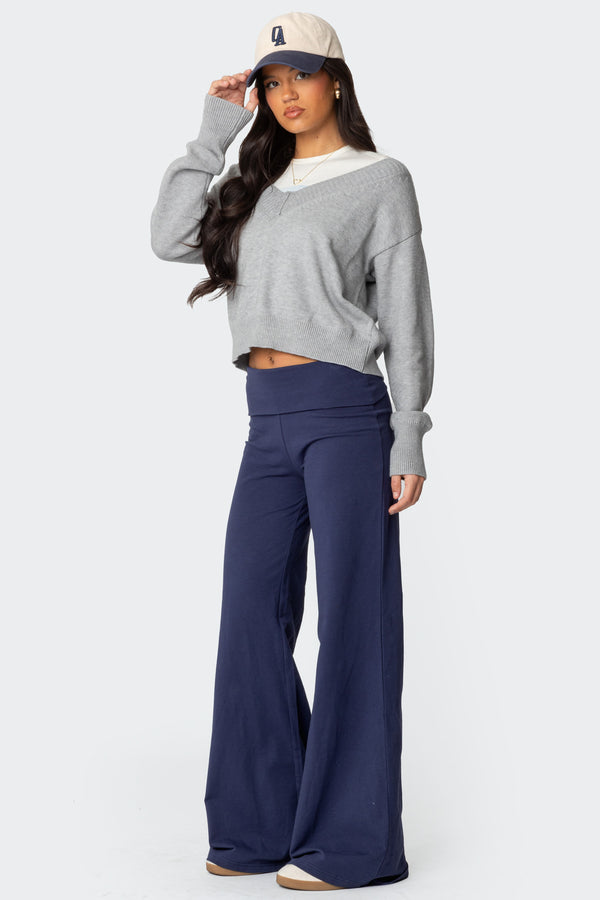 Edikted Wide Leg Fold Over Pants Navy
