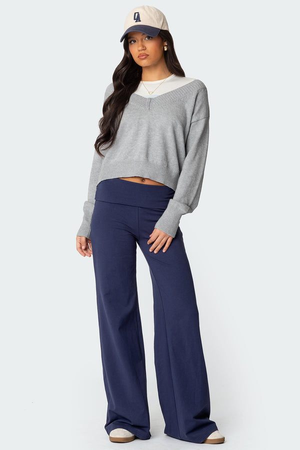 edikted Wide Leg Fold Over Pants navy