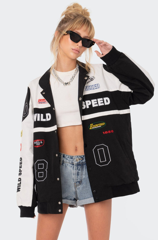 edikted Wild Speed Patch Jacket black and white
