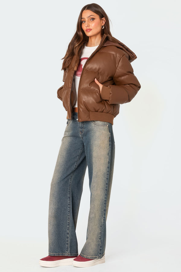 Edikted Wintry Faux Leather Hooded Puffer Brown
