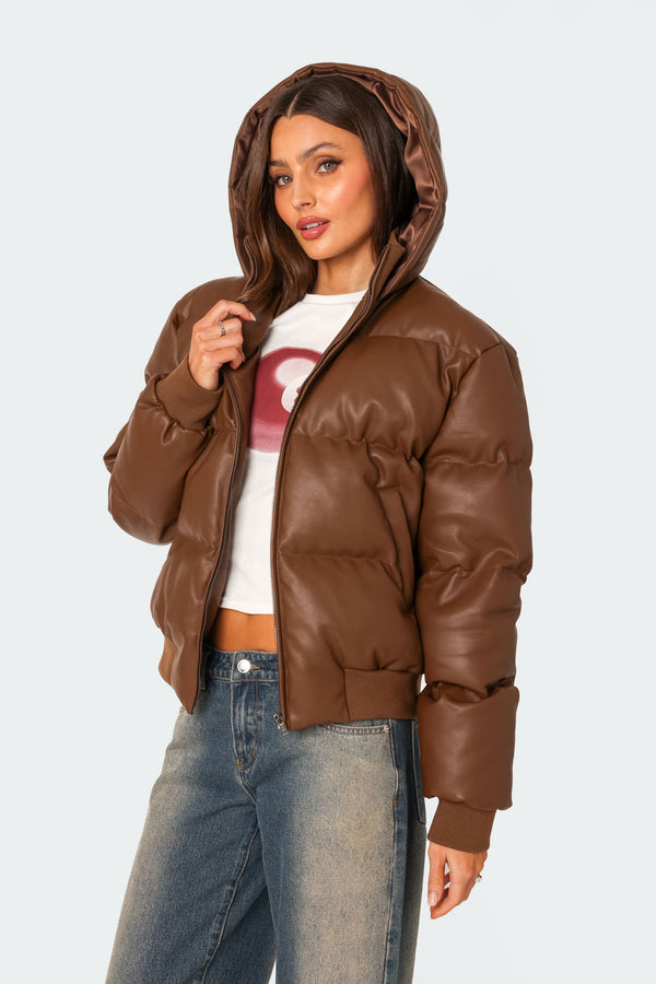 Edikted Wintry Faux Leather Hooded Puffer Brown