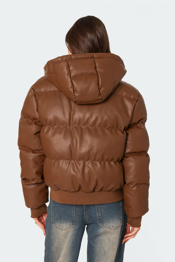 Edikted Wintry Faux Leather Hooded Puffer Brown