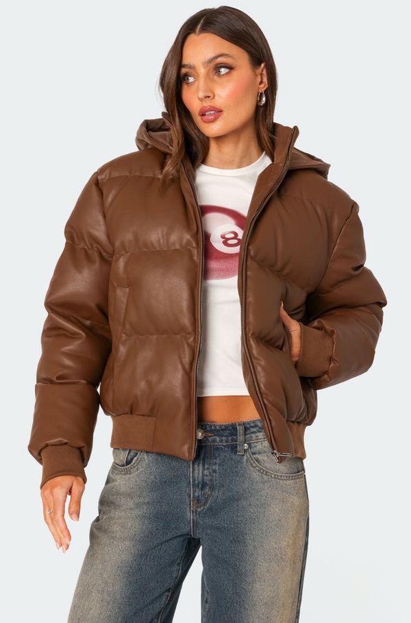 edikted Wintry Faux Leather Hooded Puffer brown