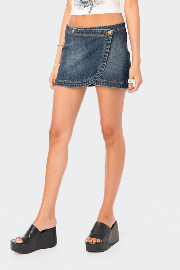 Edikted Wrap Low-Rise Denim Mini Skirt Blue