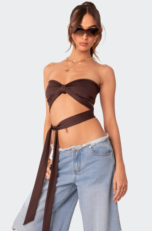 Edikted Wyatt Wrap Tie Bandeau Top Brown
